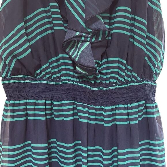 Faded Glory 2X Blue Green Stripe Ruffle Front Ruched Waist Maxi Dress Preppy - Picture 4 of 12